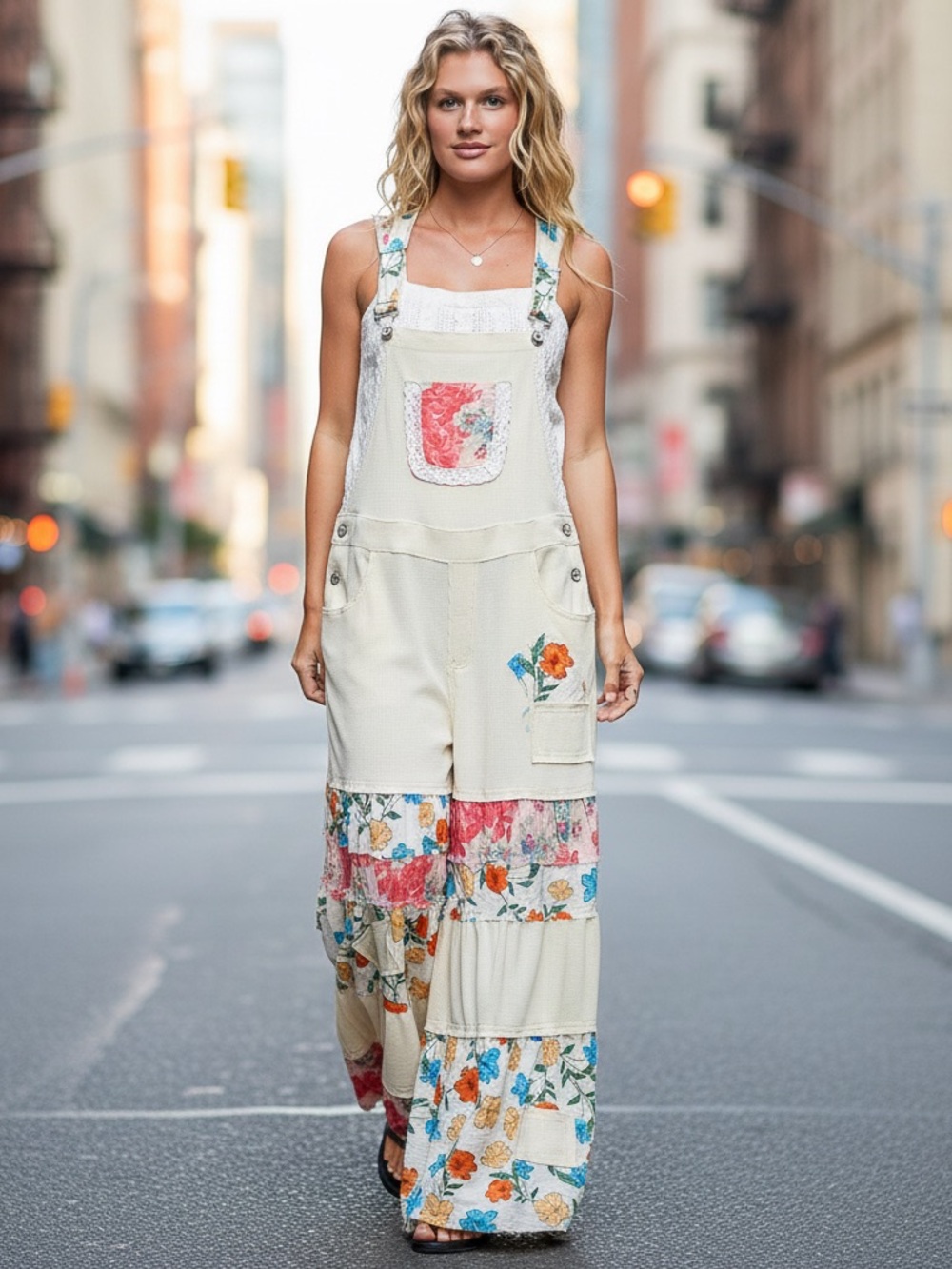 Cream Floral Patchwork Wide-Leg Overalls - Picture 4 of 12